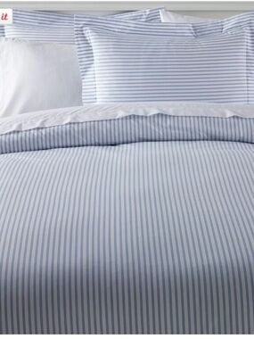 LL Bean Egyptian Cotton Queen Size Duvet Cover Blue White Stripe Farmhouse NEW